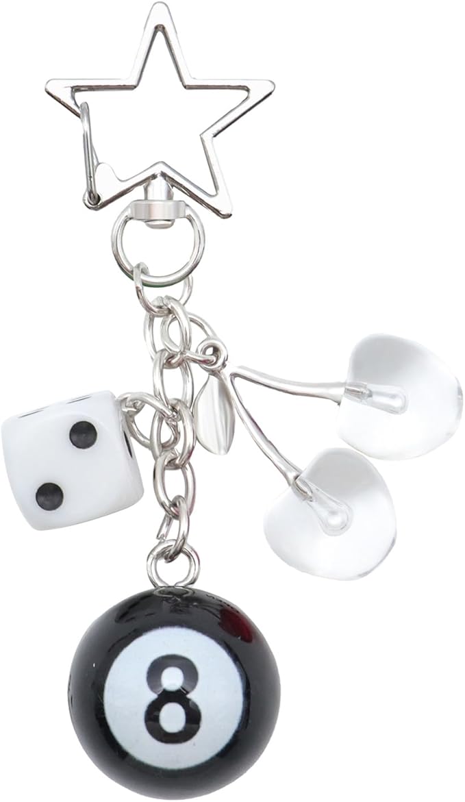 8 Ball Dice Keychain, Y2k Dice Purse Bag Charm with Cherry Star Heart Handbag Accessories for Women Men