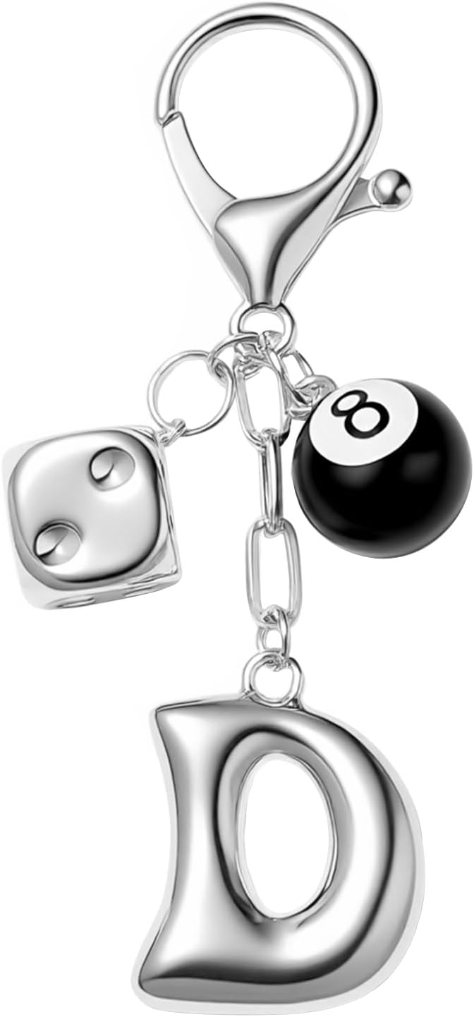 8 Ball Dice Keychain with Silver Bubble Initial - Y2K Aesthetic Cute Bag Purse Charms for Women