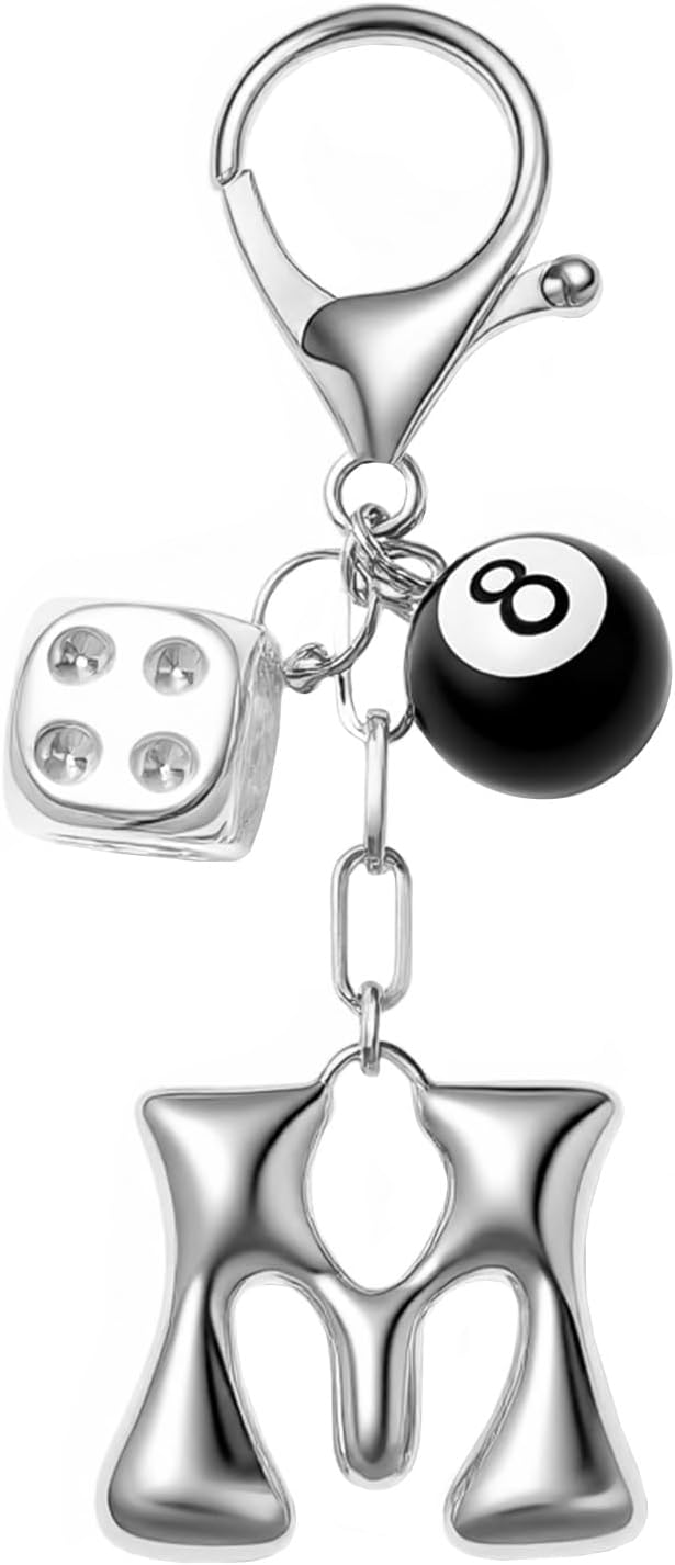 8 Ball Dice Keychain with Silver Bubble Initial - Y2K Aesthetic Cute Bag Purse Charms for Women