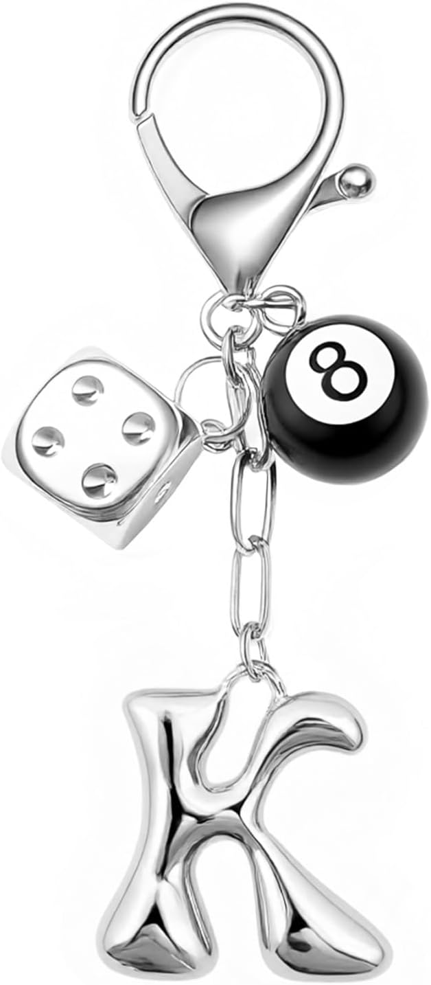 8 Ball Dice Keychain with Silver Bubble Initial - Y2K Aesthetic Cute Bag Purse Charms for Women