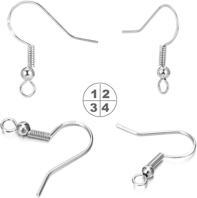 Silver Hypo-allergenic Earring Hooks - 120 Pcs /60 Pairs S925 Sterling Silver Plated Ear Wires Fish Hooks for Jewelry Making, Jewelry Findings Parts with Rubber Earring Backs Stopper for DIY Earrings