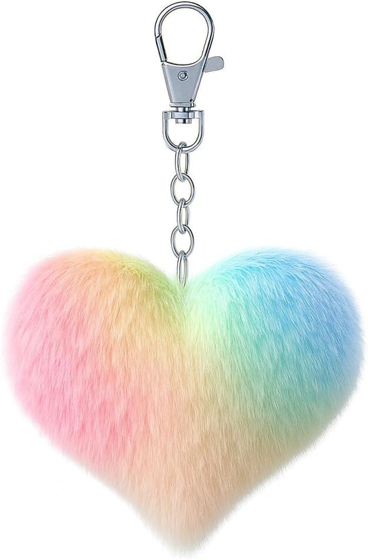 Heart Keychain – Fluffy Rainbow Heart Keychains Bag Charms for Women with Pink Orange Yellow Green Blue Gradient Plush and Soft Touch, Cute Key Chains Gifts for Rainbow Lovers