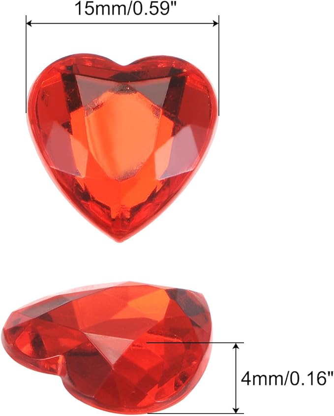 MECCANIXITY 40 Pcs Acrylic Heart Rhinestone 15mm Flat Back Plastic Gems Jewelry Stickers for Craft Bead Face Painting Costume Jewelry Making, Red