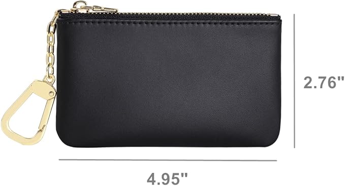 Premium Genuine Full Grain Leather Mini Coin Purse Keychain Pouch Card Holder for Men Women (Black)