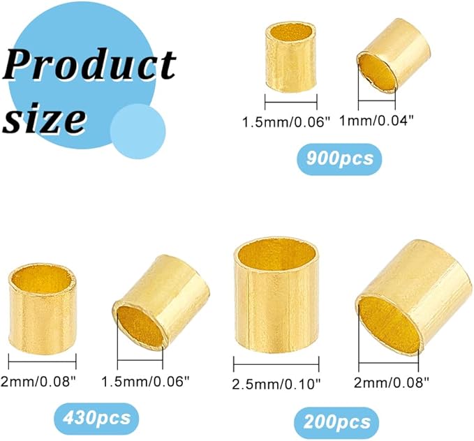 PH PandaHall Crimp Tube Beads, 3000 Pcs 1.5mm 2mm 2.5mm Brass Tube Crimp End Spacer Beads Cord End Caps Loose Stopper Bead for Earring Necklace Pendant DIY Jewelry Gift Making, Golden/Silver