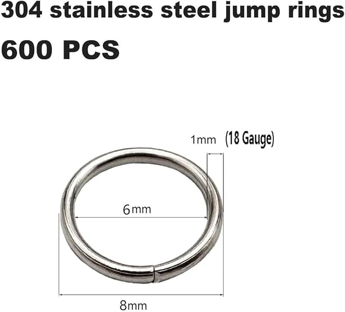 600 Pcs Jump Rings,304 Stainless Steel O Ring,8MM Open/Close Jump Rings,Loop Contactors for Jewelry Making,DIY Crafts, Industrial Repair 1MM Thickness (18 Gauge)