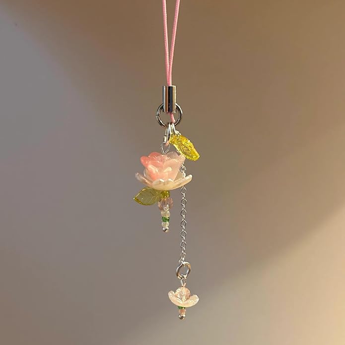 Agromusk Pink Flower Phone Charms,Cute Beaded Lotus Flower Phone Strap Handmade Decor for Women Y2K Accessories Keychain Bag Pendant Gift