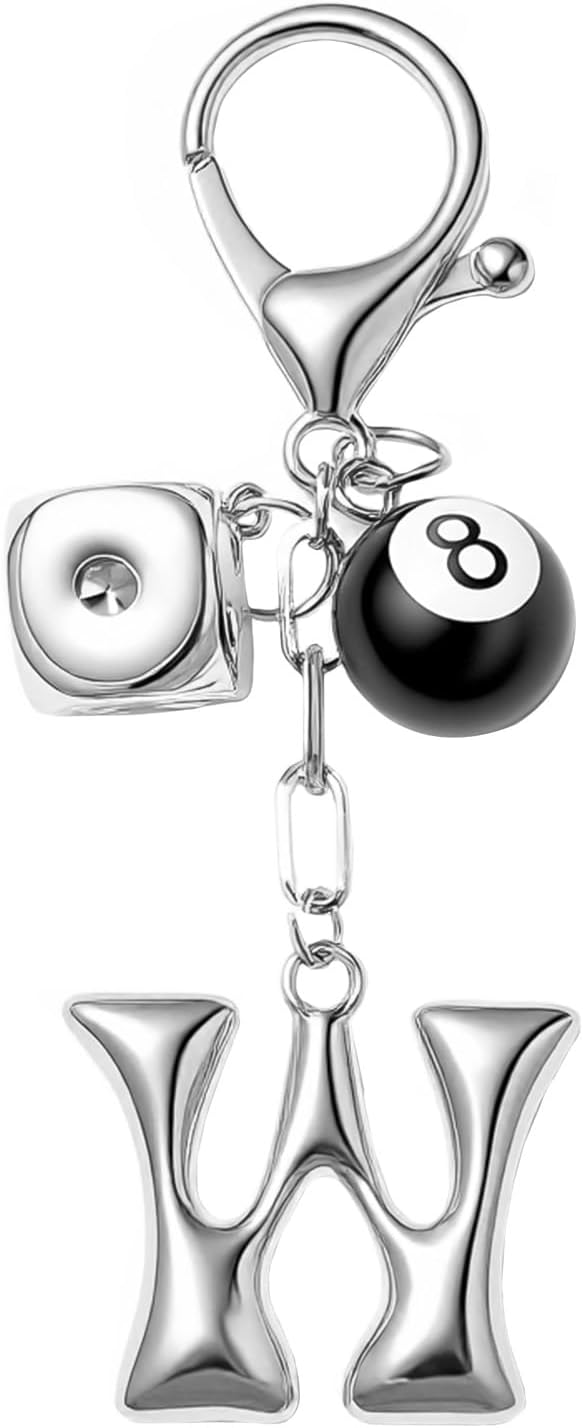 8 Ball Dice Keychain with Silver Bubble Initial - Y2K Aesthetic Cute Bag Purse Charms for Women