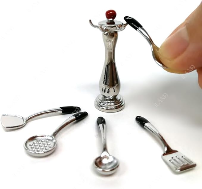 iLAND 1/12 Scale Accessories of Dollhouse Kitchen, Dollhouse Miniatures Cooking Set, Mini Metal Pots & Pans & Turners w/Stand