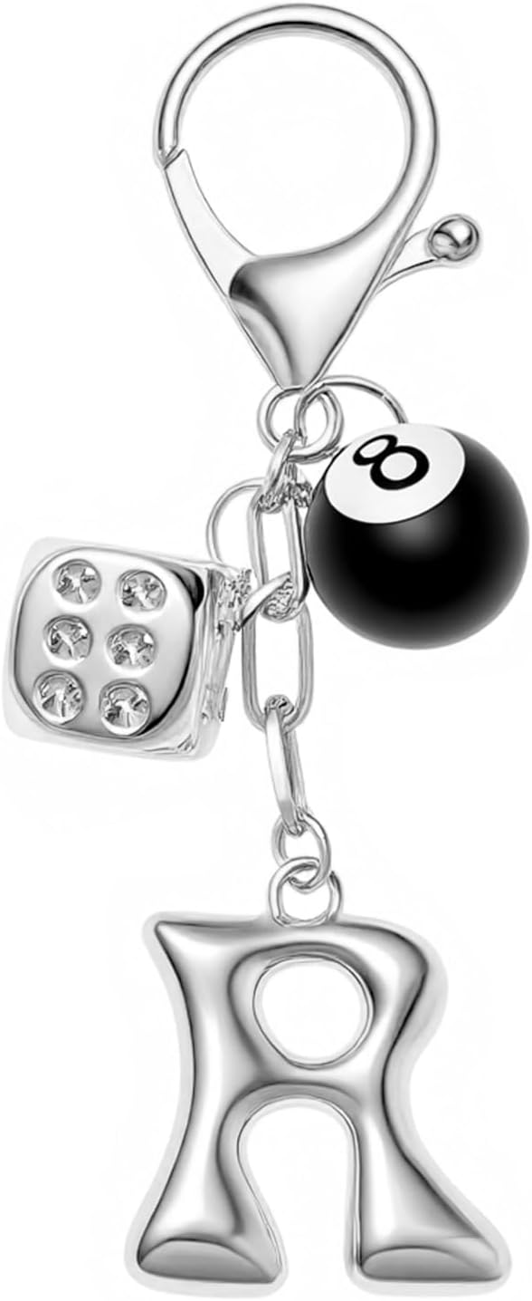 8 Ball Dice Keychain with Silver Bubble Initial - Y2K Aesthetic Cute Bag Purse Charms for Women