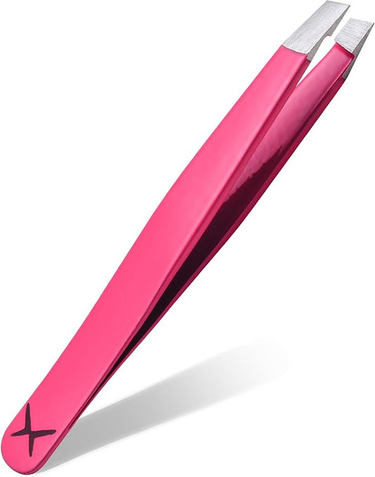 Stainless Steel Mini Slant Tweezer - Professional Precision Eyebrow Tweezers for Women & Men, Rust-Proof Travel Grooming Tool for Facial Hair Removal, Chin Hair & Ingrowns (Neon Pink)