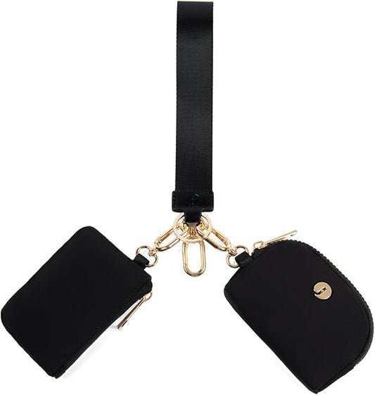 Dual Pouch Wristlet Keychain Wallets for Women with 2 Detachable Zipper Coin Purse - Small and Portable Mini Card Wallet for Women Men Gold Hardware Black+Black