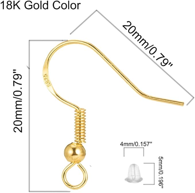 Hypoallergenic Gold Earring Hooks - 120 pcs/60 Pairs 18k Gold Nickel Free Ear Wires Fish Hooks for Jewelry Making, Jewelry findings Parts with 120 pcs Rubber Earring Backs Stopper for DIY Earrings