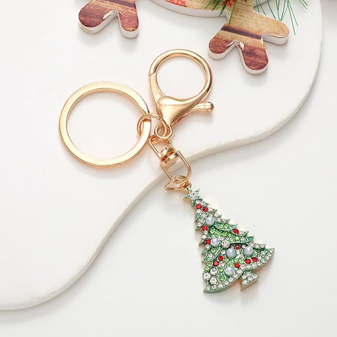Dreuyet Christmas Keychain Rhinestone Crystal Christmas Tree Santa Purse Bag Handbags Charms for Women Lady Friends
