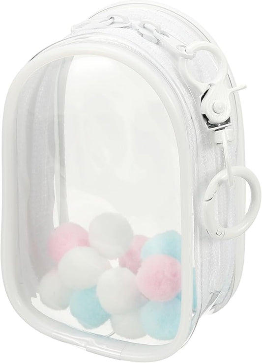 uxcell 4 Inch Clear Figure Display Bag, Mini Clear Pouch Waterproof Coin Pouch with Keychain and Pom Poms for Blind Box Doll Display (Oval, White)