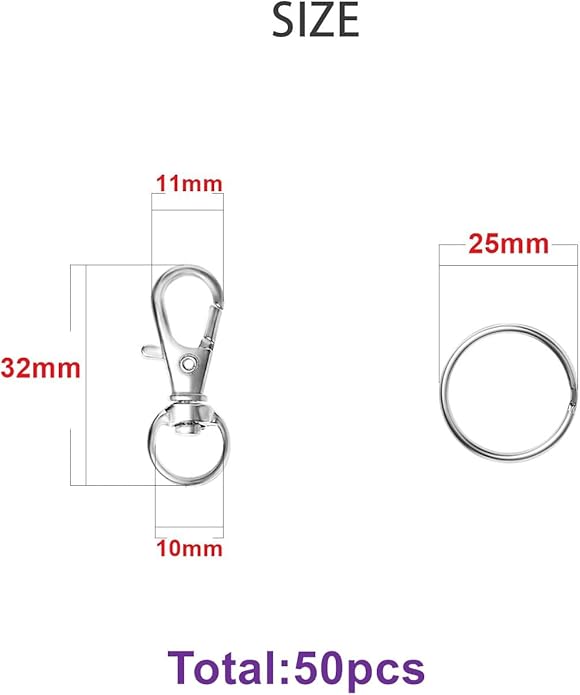 Swivel Snap Hooks with Split Key Rings Premium Metal Silver Lobster Claw Trigger Clasps for Keychain Clip Lanyard Bag Purse Tag Jewelry Making Crafts