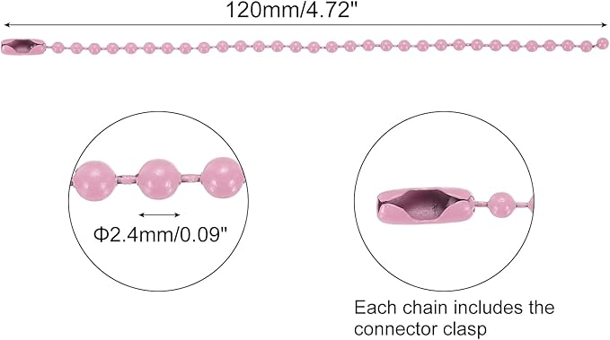 MECCANIXITY 30Pcs 5 Inch Ball Bead Chain, Metal Ball Chain with Connectors for Keychain Hanging Ornament Tag Jewelry Necklace Christmas Decoration,Pink