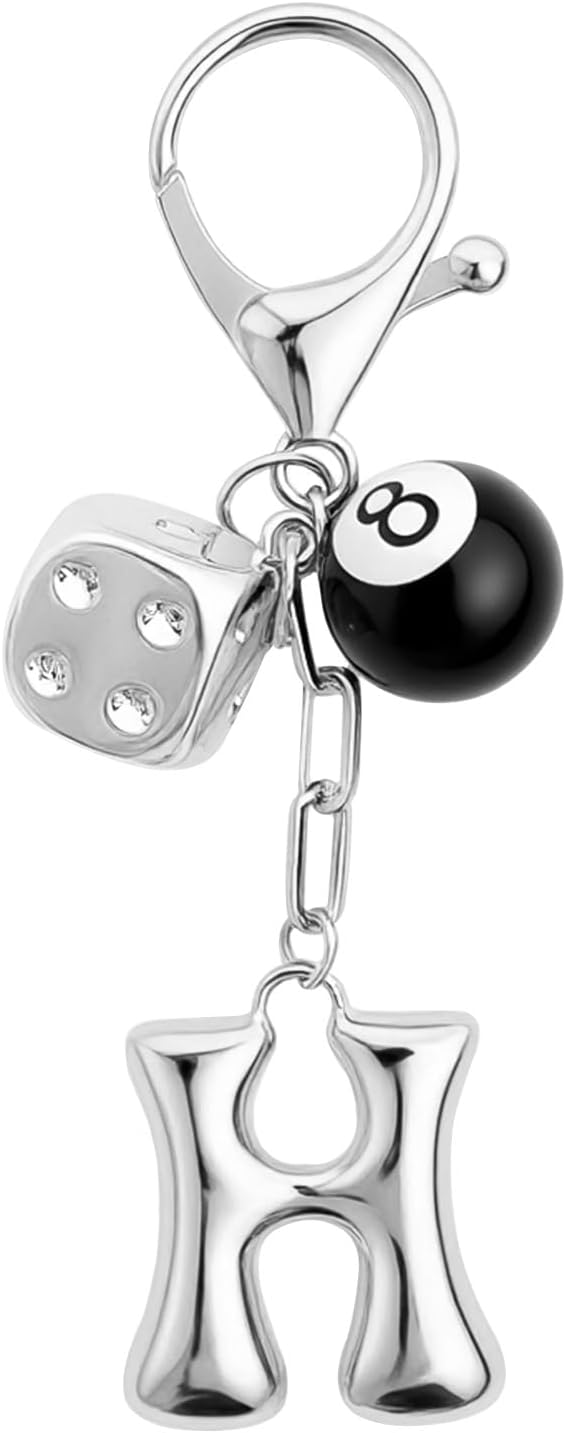 8 Ball Dice Keychain with Silver Bubble Initial - Y2K Aesthetic Cute Bag Purse Charms for Women