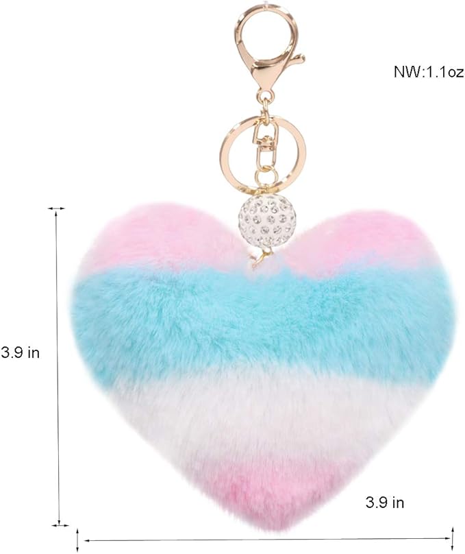 Women's Heart Faux Fur Pom Pom Key Chains Bag Accessory Puffball Keyring Backpack Charms for Girls