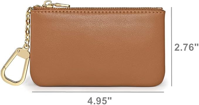 Premium Genuine Full Grain Leather Mini Coin Purse Keychain Pouch Card Holder for Men Women (Light Brown)