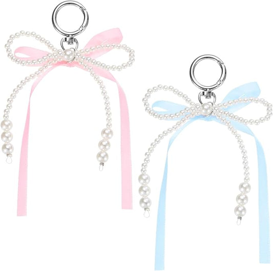 MECCANIXITY Pearl Bow Keychain, Y2k Aesthetic Imitation Pearl Bowknot Ribbon Keyring for Tote Bags Purse Handbag Charm