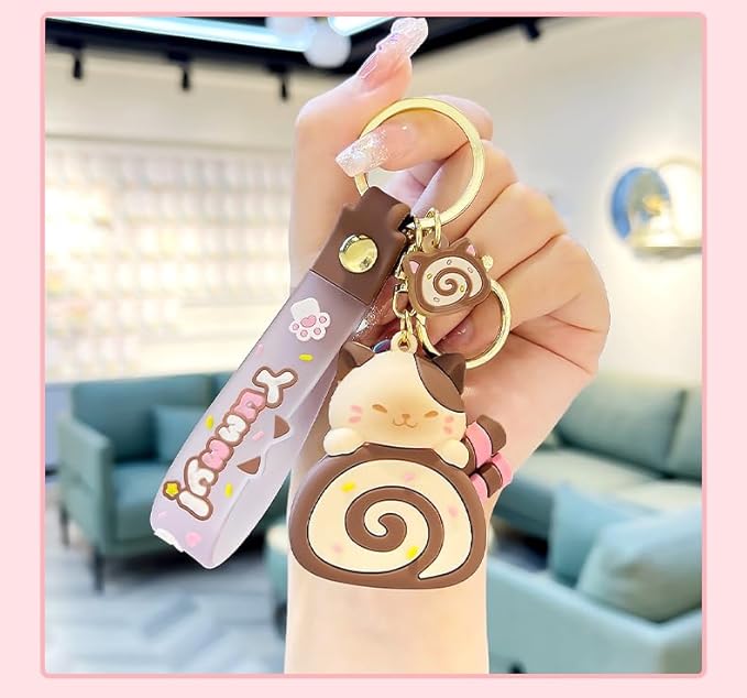 Girly Super Cute Lovely Pink Brown Swiss Roll Bread Cake Cat Kitty Panda Keychain Key Ring Bag Charm Pendant