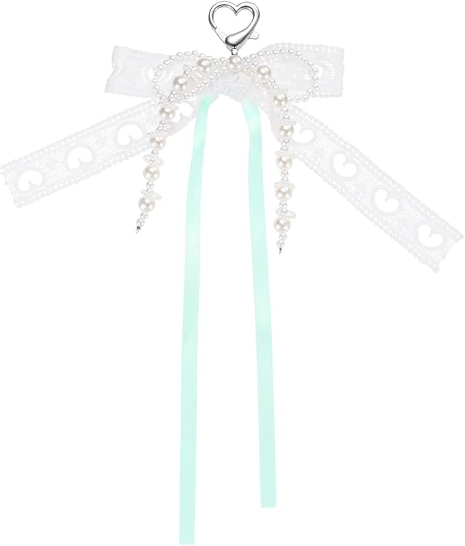 MECCANIXITY Pearl Bow Keychain, Y2k Aesthetic Hollow Heart Bowknot Ribbon Keyring, Cute Bag Charm for Tote Bags Purse Handbag