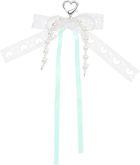 MECCANIXITY Pearl Bow Keychain, Y2k Aesthetic Hollow Heart Bowknot Ribbon Keyring, Cute Bag Charm for Tote Bags Purse Handbag