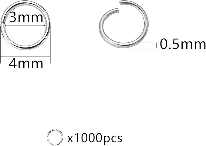 1000 Pcs 4mm Open Jump Rings Rhodium Plated Jump Rings for Jewelry Making Iron Made Single Ring Bulk for DIY Craft Earring Necklace Bracelet Pendant Choker Jewelry Making Findings