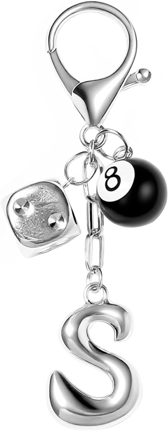 8 Ball Dice Keychain with Silver Bubble Initial - Y2K Aesthetic Cute Bag Purse Charms for Women