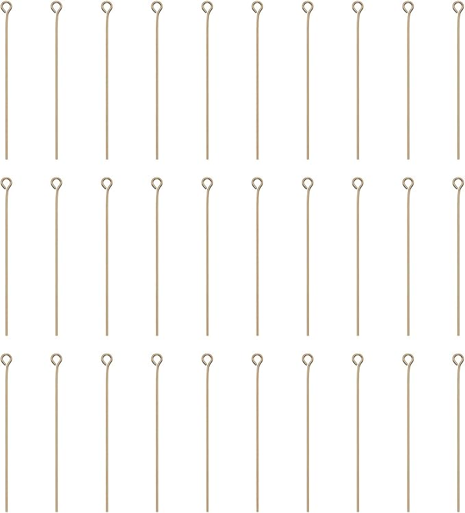 HARFINGTON 100pcs Open Eye Head Pins 1.97" 50mm Mini Metal Wire Eye Pins Beading Small Needles Bulk for Earring Pendant Necklace Bracelet Charm Jewelry Making Findings, Champagne Gold