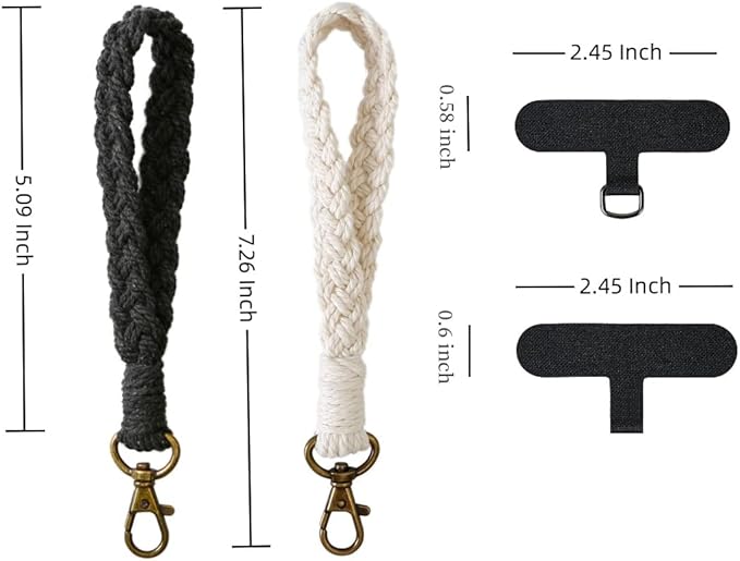 2 PCS Phone Wrist Strap, Cell Phone Lanyard, with 2× Phone Tether Tab, Handmade Macrame Keychain, Phone Case Wrist Lanyard for Women Girls(White+Black)