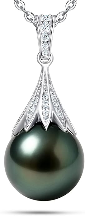 Genuine Tahitian Black Pearl Necklace for Women, 9-13mm AAAA Seawater Pearl - Sterling Silver Moissanite Pendant, Wedding Anniversary, Birthday, Christmas Gift for Wife, Mom, Girlfriend, Fine Jewelry