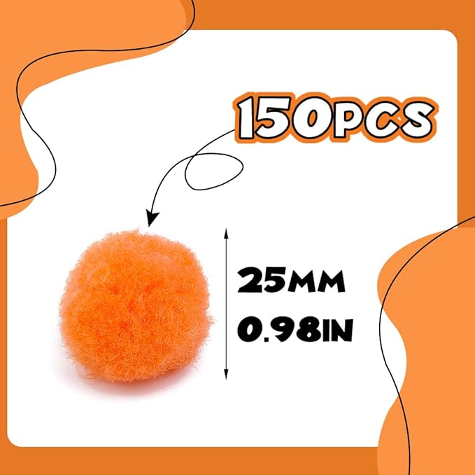 MORFEN 150 Pieces Pom Poms, 1 Inch Orange Craft Pom Poms, Fuzzy Pompom Puff Balls, Small Pom Pom Balls for Party Home Decorations, DIY Arts, Crafts Projects for Family