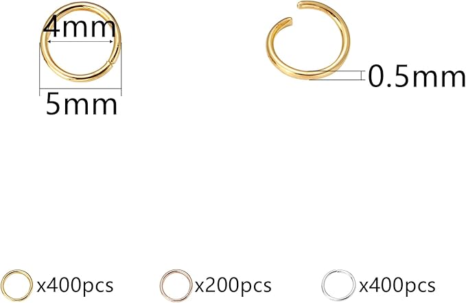 1000 Pcs 5mm Open Jump Rings Silver, Gold and Rose Gold Plated Jump Rings for Jewelry Making Iron Made Single Ring Bulk for DIY Craft Earring Necklace Bracelet Pendant Choker Jewelry Making Findings