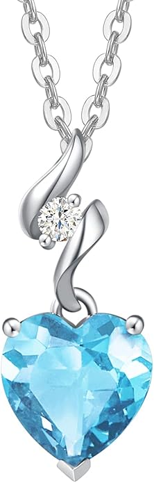 AGVANA Christmas Gifts 14K Solid White Gold Diamond Gemstone Pendant with Sterling Silver Chain 8mm Heart Birthstone Necklace Fine Jewelry Anniversary Birthday Gifts for Women Mom Wife