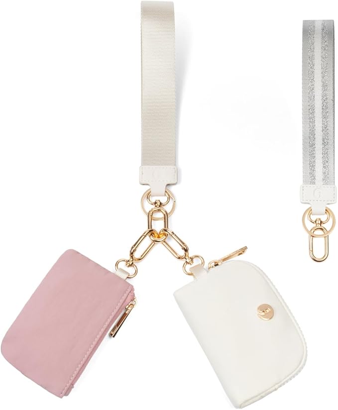 Dual Pouch Wristlet Keychain Wallet with 2 Wrist Straps - Small and Portable Mini Zipper Coin Purse Card Wallets for Women Men Gold Hardware Pink+Ivory