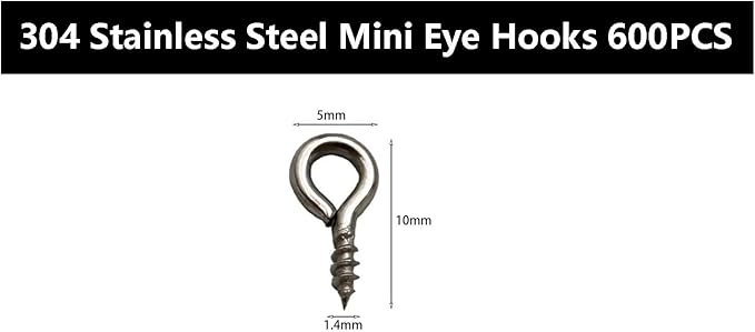 600 Pcs (304) Stainless Steel Small Screw Eye Pins Jewelry Hooks 5mm x 10mm Eyelet Hook Screws Ring Mini Screw Hooks