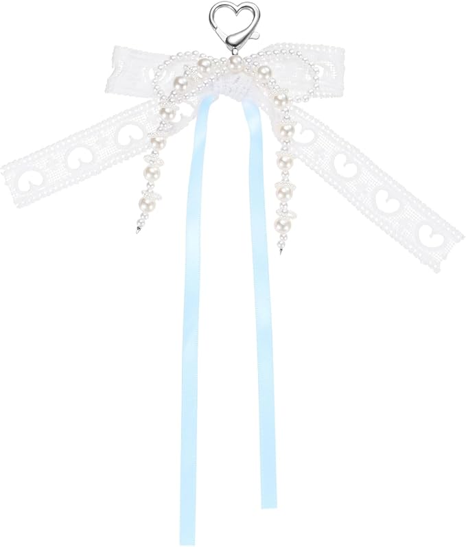 MECCANIXITY Pearl Bow Keychain, Y2k Aesthetic Hollow Heart Bowknot Ribbon Keyring, Cute Bag Charm for Tote Bags Purse Handbag