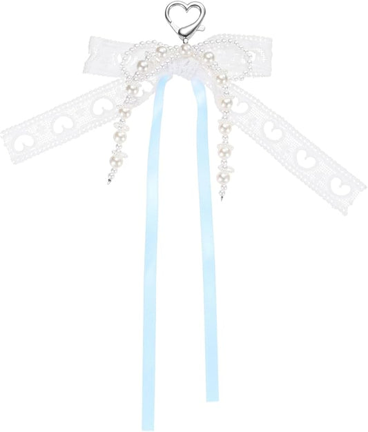 MECCANIXITY Pearl Bow Keychain, Y2k Aesthetic Hollow Heart Bowknot Ribbon Keyring, Cute Bag Charm for Tote Bags Purse Handbag