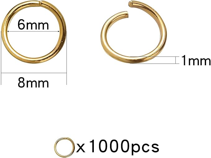 1000 Pcs 8mm Open Jump Rings Gold Plated Jump Rings for Jewelry Making Single Ring Bulk for DIY Craft Earring Necklace Bracelet Pendant Choker Jewelry Making Findings and Key Ring Chain (Gold, 8mm)