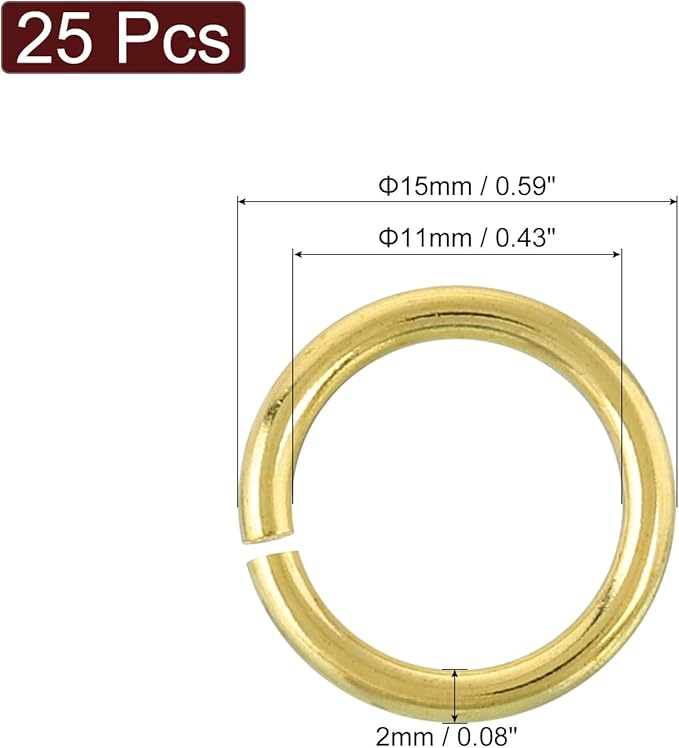 uxcell 25Pcs Open Jump Rings, 15mm/0.59" OD Brass Jump Ring Connectors 2mm Thick O Rings for Necklaces Bracelet Jewelry Making Keychain DIY Craft, Gold Tone