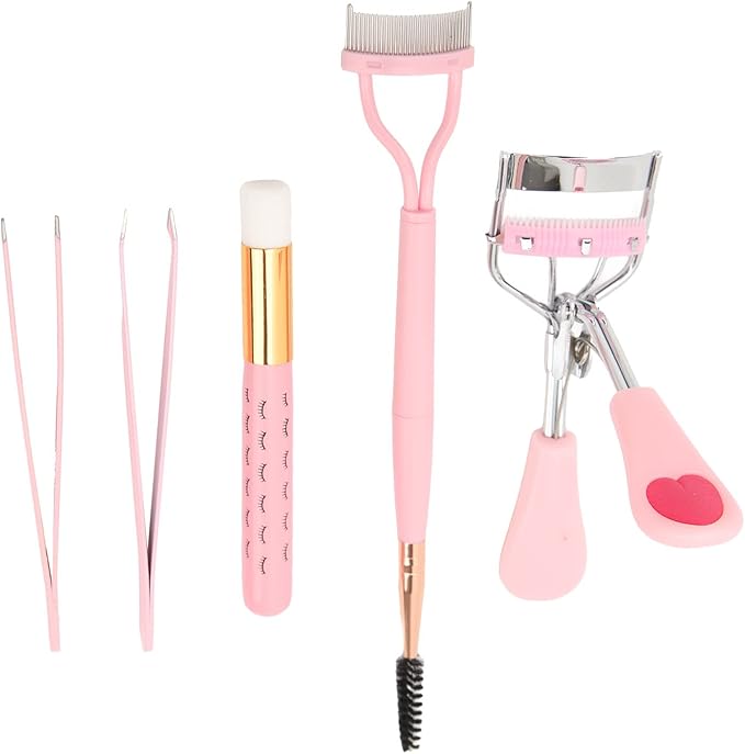 Professional Eyelash Eyebrow Makeup Tool Set Double Ended Lash Comb Brush Curler Tweezers Kit for Home Beauty Salon Pink Stainless Steel ABS Nylon 5 Pieces