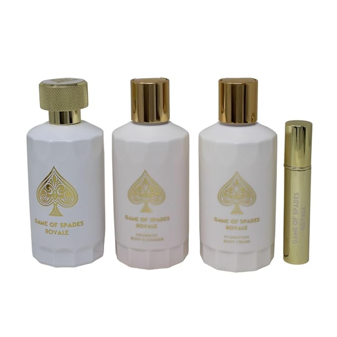 Jo Milano Game of Spades Royale 4-Piece Gift Set Unisex, (3.4 Oz Parfum Spray + 6.8 Oz Body Cleanser + 6.8 Oz Body Cream + 0.27 Oz Refillable Atomizer)
