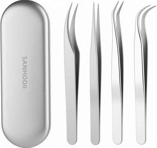 SANHOOII 4in1 Precision Stainless Steel Tweezers For Eyelash Extensions, Hair Eyebrow Remove, Blackhead removal