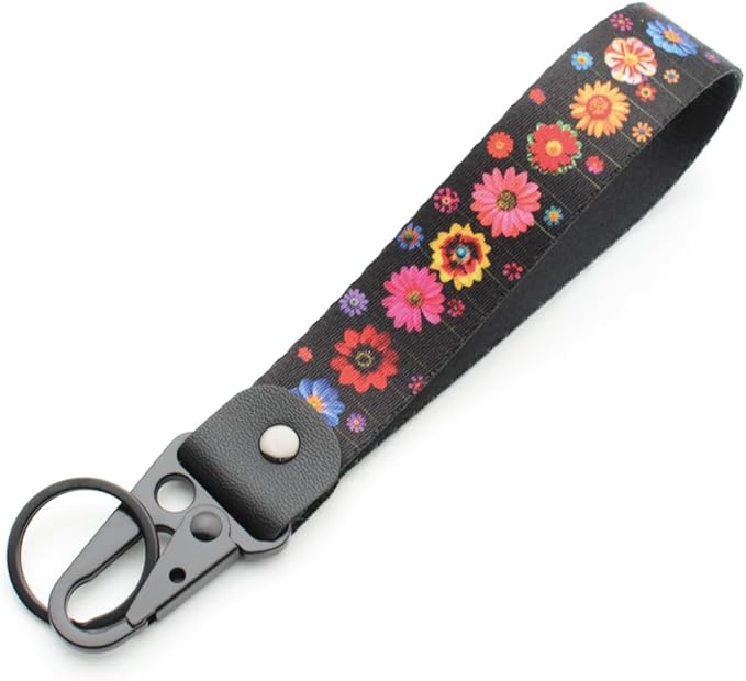 2 Pcs Classic Black & Floral Keychain Wristlet Lanyard for Women couples, Flower Wristlet Strap for Keys Hands-Free Wearable