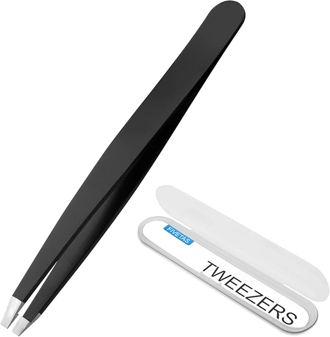 FIVETAS Stainless Steel Tweezers for Eyebrows-Flat Tweezer with Case for Women&Man,Great Precision on Brow,Facial Hair and Ingrown Hair Removal(Black)