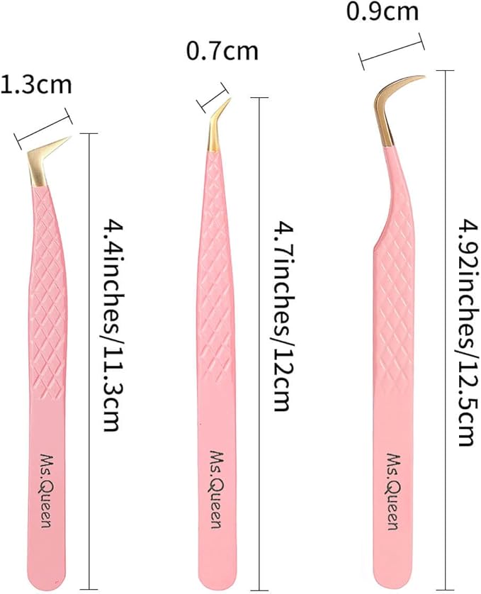 Ms.Queen Eyelash Tweezers for Extensions,Professional 3Pcs Fiber Tip L-Shaped Boot Volume Curved Lash Tweezers Set