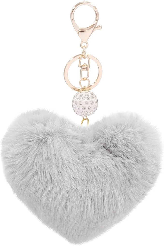 Women's Heart Faux Fur Pom Pom Key Chains Bag Accessory Puffball Keyring Backpack Charms for Girls