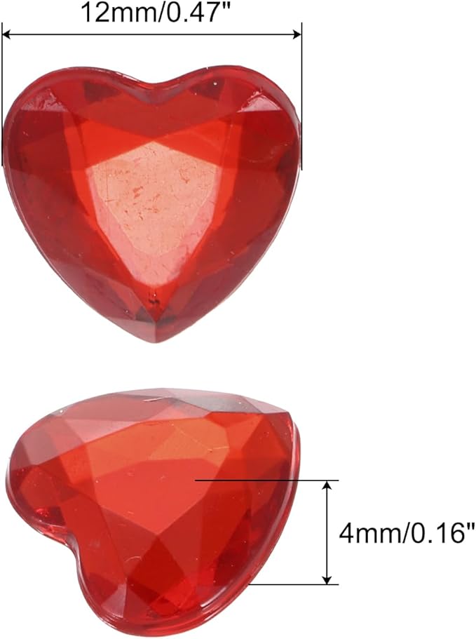MECCANIXITY 40 Pcs Acrylic Heart Rhinestone 12mm Flat Back Plastic Gems Jewelry Stickers for Craft Bead Face Painting Costume Jewelry Making, Deep Red